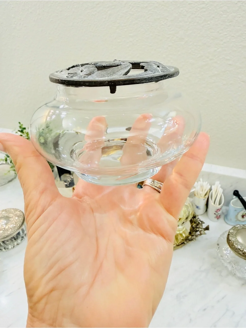Vintage Clear Glass Trinket / Potpourri Jar w/ Ornate Bronze Butterfly Lid